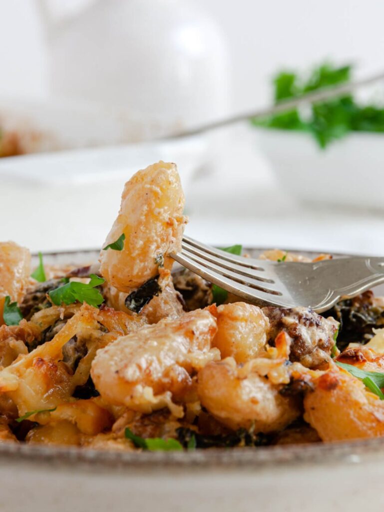 Baked Gnocchi with Italian Sausage and Baby greens
