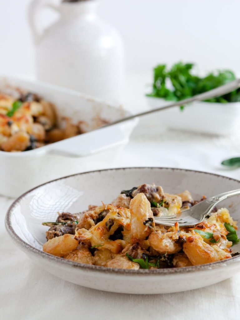 Baked Gnocchi with Italian Sausage and Baby greens