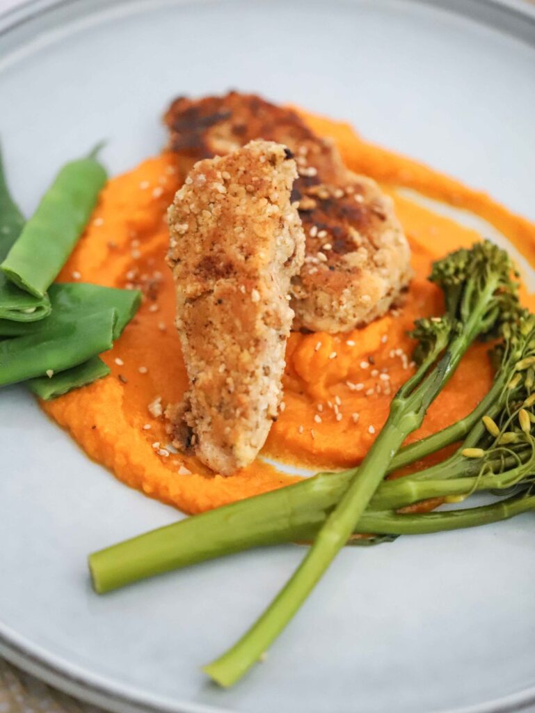 Sesame Almond Crusted Chicken With Miso Pumpkin Puree