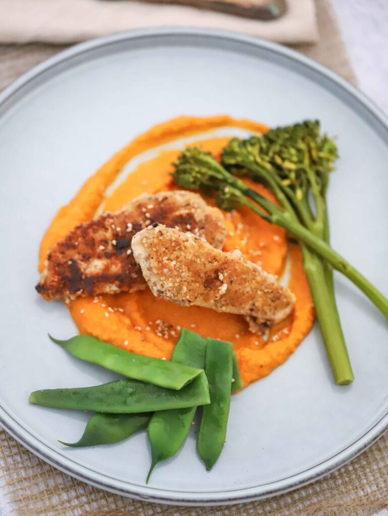 Sesame Almond Crusted Chicken With Miso Pumpkin Puree