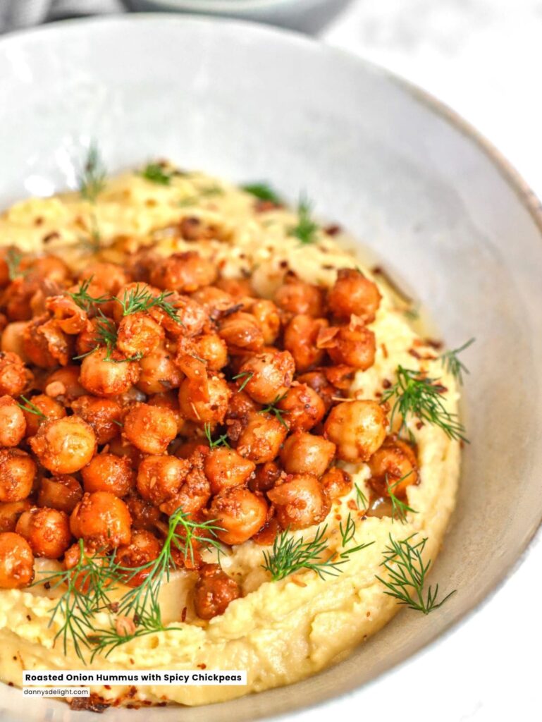 Roasted Onion Hummus with Spicy Chickpeas