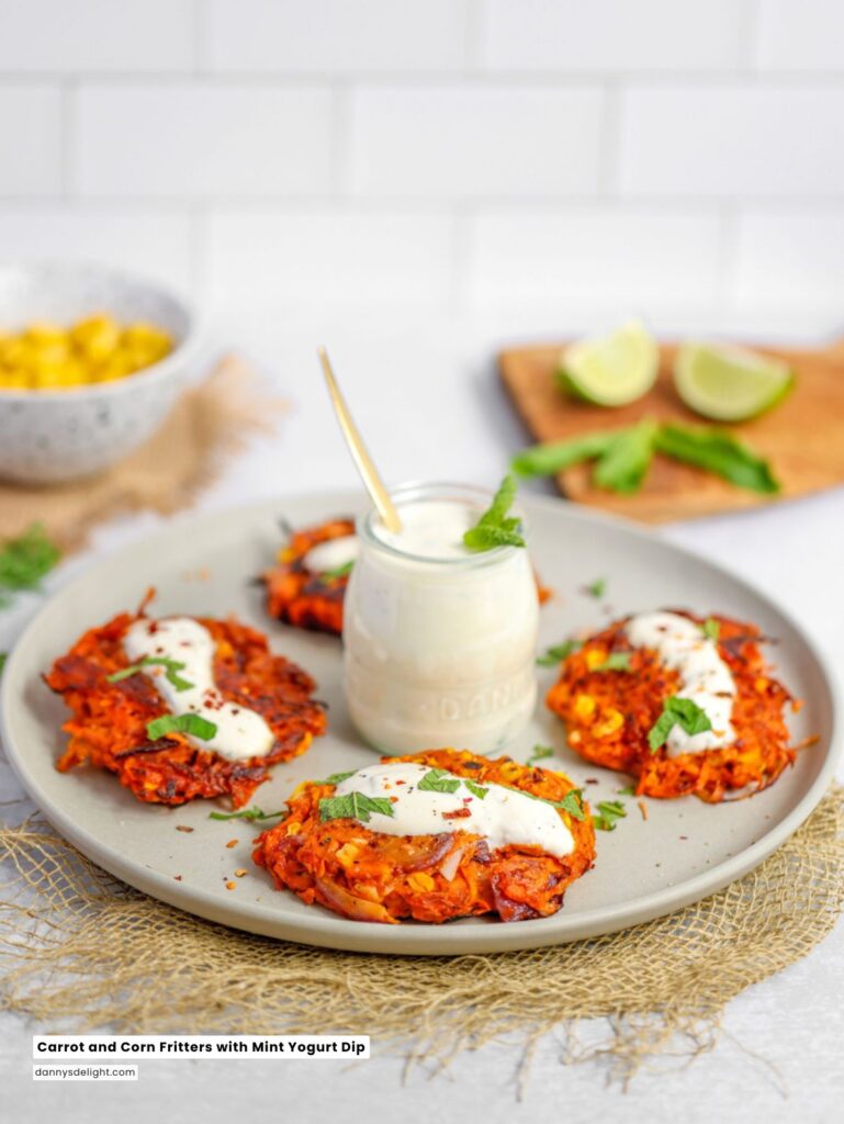Carrot and Corn Fritters with Mint Yogurt Dip