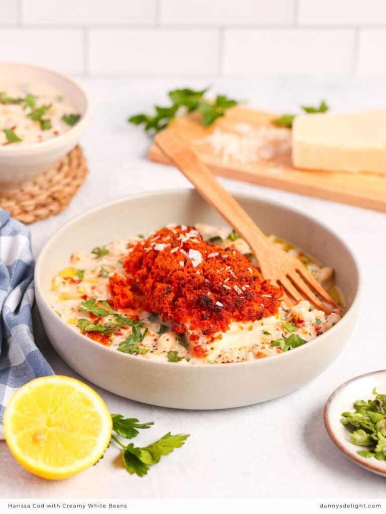 Harissa Cod with Creamy White Beans