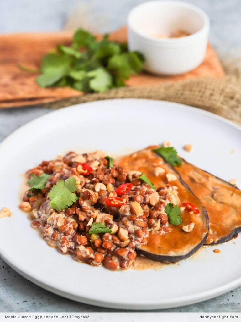 Maple Glazed Eggplant and Lentil Traybake