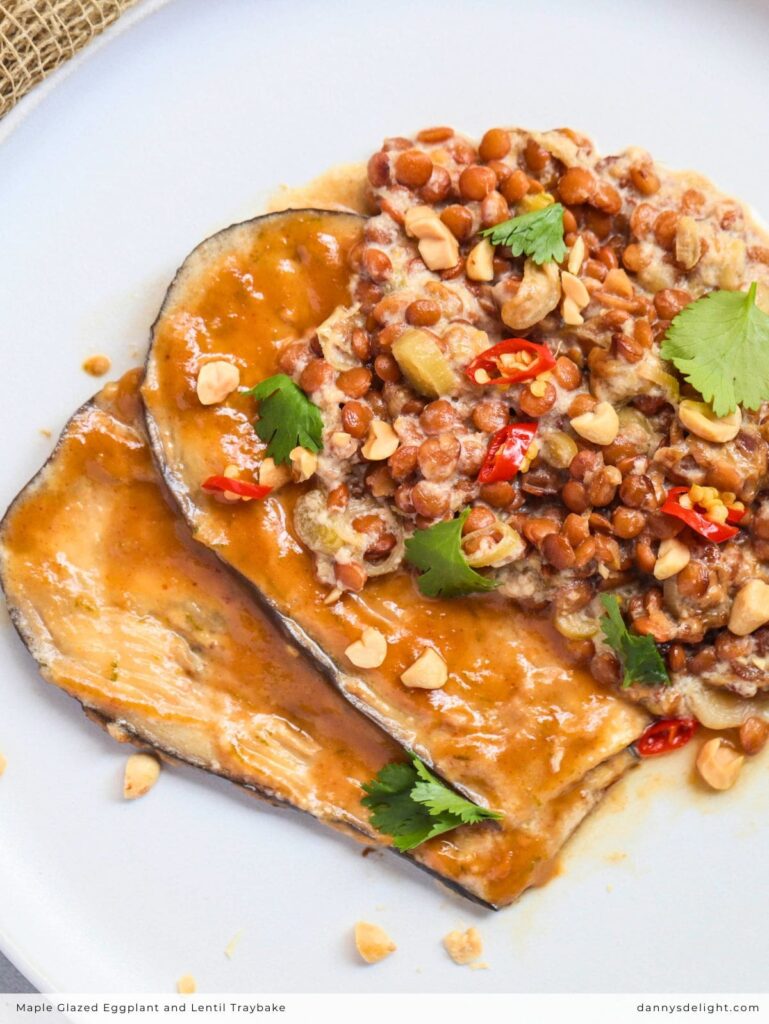 Maple Glazed Eggplant and Lentil Traybake
