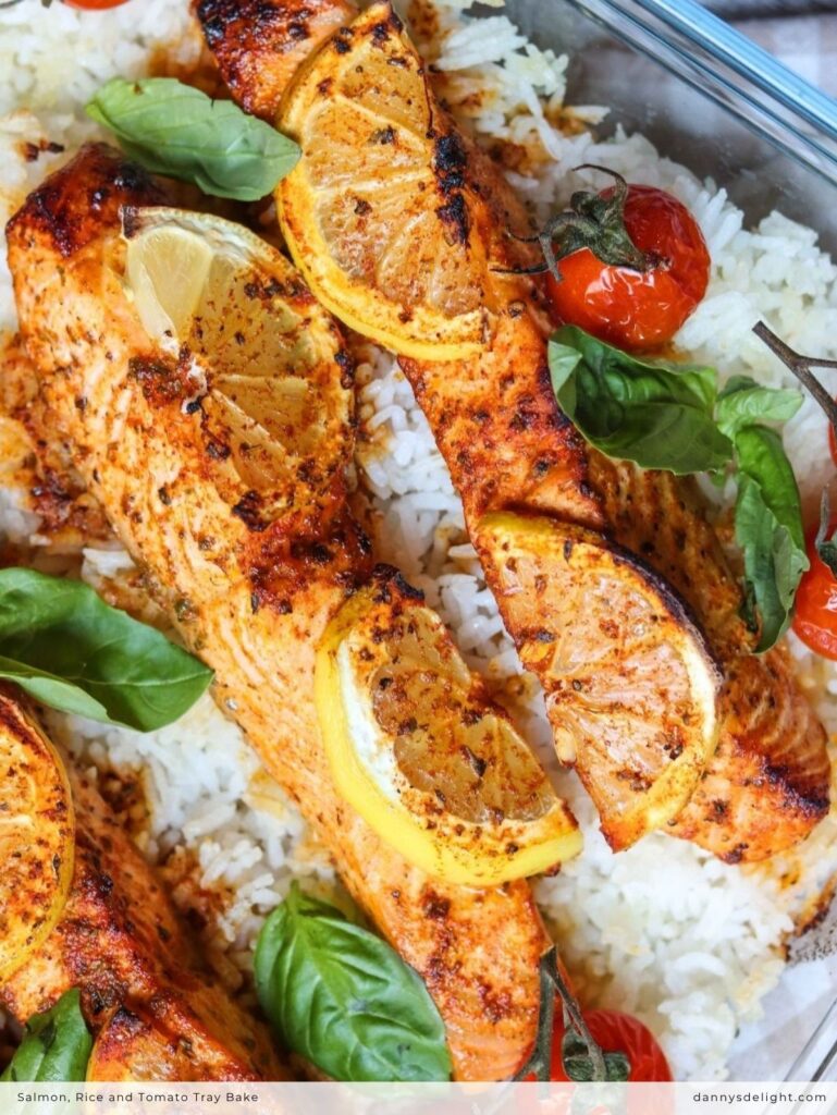 Salmon, Rice and Tomato Tray Bake
